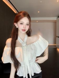 GUZILIAN | French Lace Trim Halter Neck Chiffon Shirt Women Summer Pure Sweet Spicy Girl One Shoulder Waist In Short Small Top Beautiful
