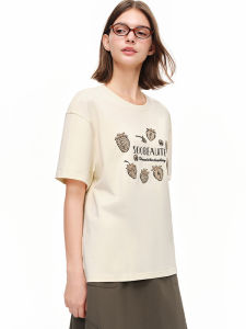 DUSHU | Casual Strawberry Printed Embroidered T-Shirt Loose Round Collar
