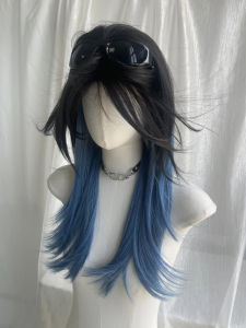 Star Wolf Full Head Wig Mens Long Straight Hair Blue Black Splicing Highlight High Layered Mermaid Fish Head Wig Matte High Temperature Silk