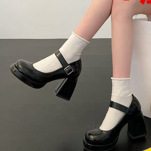 IELGY Mary Jane Womens Shoes Block Heel Thick Sole Heightened Japanese Hottie Temperament Leather Shoes