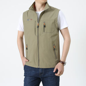 Spring Mens Multi-Pocket Vest Thin Middle-Aged and Elderly Leisure Vest Coat Mens Clothing Fishing Photography Quick-Dry Vest Waistcoat