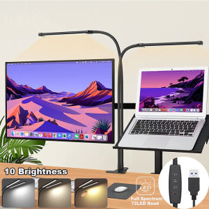 CANMEIJIA LED Table Lamp Stepless Dimmable Double Head Desktop Reading Light Computer Monitor Light Clip USB Plug 3 Color Foldable Led Desk Lamps for Office Working Gaming Students Study Eyes Protection Lighting Fixture