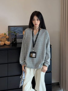 Áo Thun Nam Tay Dài Cổ Chữ V Kẻ Sọc Xương Cá Mùa Thu Màu Đen Trắng Áo Nỉ Cặp Đôi Thoải Mái Thường Ngày