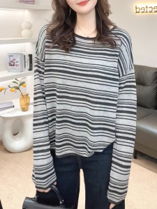 QINGNAER | Fashionable Commuter Stripes Casual Loose Fit Knit Sweater