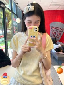 Sweet Preppy Style Knitted Short Sleeve T-Shirt with Lace Trim And Bow Female Summer Thin Pure Color round Neck Top for Young Women