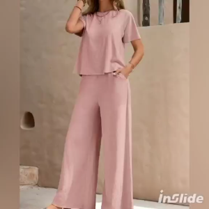 Elegant Casual Chic Two-Piece Set - Short Sleeve Round Neck Top & Wide Leg Pants in Beige EE