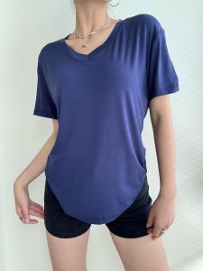 Loose V-Neck Short Sleeve T-Shirt Womens Summer Slimming Chic Casual Top Korean Style Lazy Relaxing Feel Blue Color