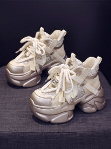 Womens Sporty Fleece Lined Thick Heel Dad Shoes Casual Cross Buckle Waterproof Platform Low Cut round Toe Leather Sneakers