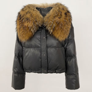 Áo Khoác Phao Ngắn Nữ Cổ Lông Chồn Tự Nhiên Lông Vũ Trắng Giữ Ấm Kiểu Dáng Thường Ngày Mùa Đông 2024