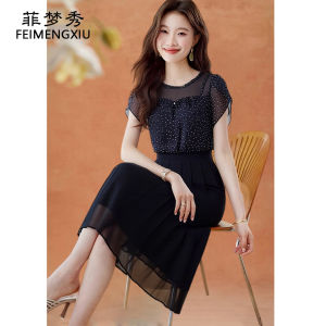 ชุดเดรสยาวเอวสูงสไตล์เกาหลี แขนสั้น ทรงเอ ชุดเดรสฤดูร้อนสำหรับผู้หญิง ชุดราตรีสไตล์ญี่ปุ่น ชุดเดรสยาวคลุมเข่า