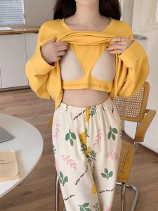 เรียบหรู ผ้าฝ้าย แขนยาว ผู้หญิง ชุดนอน เสื้อผ้าใส่ในบ้านชิ้นเดียวพร้อมแผ่นรองหน้าอก สบาย หลวม Fit ฤดูใบไม้ร่วง ฤดูหนาว Outwear