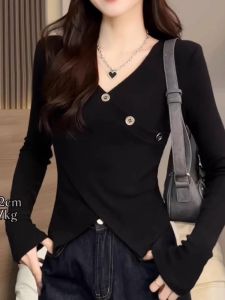 Black Slim Fit Long Sleeve T-Shirt Womens Inner Wear Sweet And Spicy Girl Tight Waist Baseline Top Commute Style Korean Version