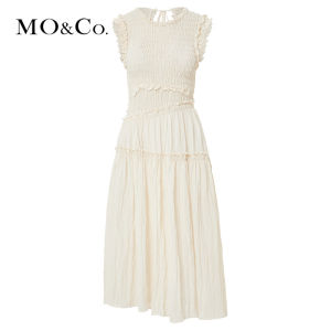 MoCo Summer Textured Asymmetrical Dress Gentle Pure Desire Street Style round Neck High Waist Midi Skirt A-Line Silhouette