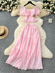 Bộ Đồ Hai Mảnh Kiểu Pháp Thanh Lịch Dành Cho Nữ Áo Sơ Mi Tay Bồng Cổ Vuông Váy Midi Thêu Rỗng Quần Áo Mùa Hè