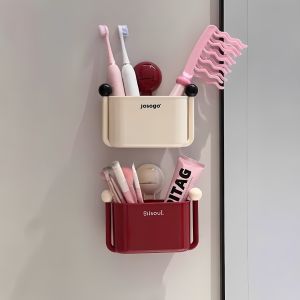 Suction Cup Bathroom Storage Box Wall Mounted Hair Comb Elastic Band Organizer Rack Creative No Drilling Two-In-One Storage Box