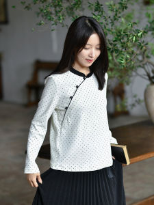 Retro Chinese Style Color Block Stand Collar T-Shirt Long Sleeve Commute Cotton Polka Dot Womens Premium Fashion Top