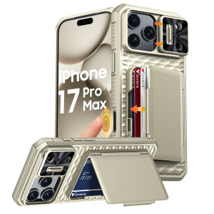 Ốp Điện Thoại Màu Đen Cho iPhone 17 Pro/Pro Max Có Ngăn Đựng Thẻ Nắp Che Camera Trượt Và Chân Đế - Ốp Ví Hai Lớp Chống Xước Chống Bụi Dành Cho Nam Và Nữ