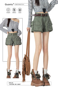 Quần Short Denim Cạp Cao American Retro Military Green Nhiều Túi Quần Short Nữ Mùa Hè Quần Short Ống Đứng Quần Short