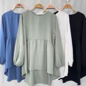 Meysha Blouse Peplum Lengan Kerut Panjang Crinkle Airflow Premium Motif Polos Size XL LD