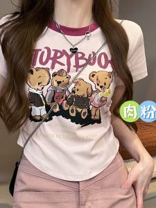 Áo Thun Cotton Tay Ngắn Mùa Hè Cho Nữ Dáng Ôm Vừa Vặn in Họa Tiết Hoạt Hình Cổ Tròn Thường Ngày Thời Trang Mùa Hè 2025