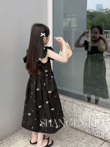 Girl Dress Summer Fancy Bows Embroider Super Nice Black Skirt Kids 2024 New Arrival Girl
