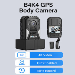 BOBLOV กล้องสวมใส่ร่างกาย B4K4 4K พร้อม GPS HD 2160P 128GB งานแอคชั่นแคมเมราผู้ใช้งาน 15Hrs ถ่ายวิดีโอกล้องตำรวจ BodyCam และการเคลื่อนไหวกล้องแอคชั่นแคมเมราด้วยการดูดแท่นชาร์จ & รถ