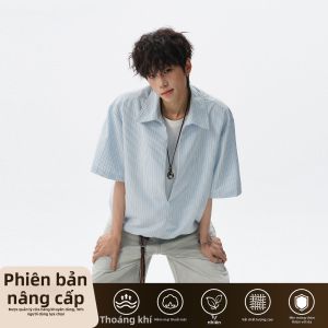 NANSSE | Áo Sơ Mi Dáng Rộng Phong Cách Cổ Điển Tay Ngắn Sọc