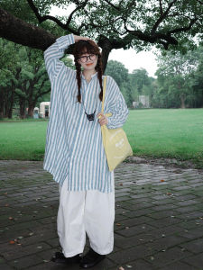 Blue Striped Linen Long Sleeve Shirt Womens Small Size Mid-Length Sun Protection Top Spring Commute Loose Fit round Neck