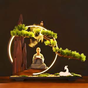 Đèn xông trầm + Tượng Thiền Sư khất thực tọa thiền dưới tán cây xanh hàng thủ công mỹ nghệ nhập khẩu cao cấp