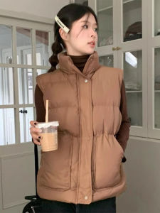 Winter Korean Style Waist-Cinching Cotton Vest Small-Batch Design Commute High-Neck Zipper Pure Color Womens Jacket