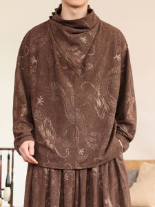 Corduroy Long Sleeve T-Shirt Mens Base Layer Shirt Dragon Pattern Embroidery Autumn Winter Large Size Casual Fashion