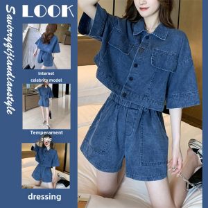 Aging Quality Design Short Sleeve Shirt Jeans Set for Women Summer Thin Large Size Top and Shorts Two-Piece Set for 18-25 Birthday Party