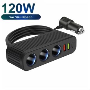 Bộ Sạc Xe Hơi 6 Trong 1 120W Bộ Chia 3 Cổng Bật Lửa Thuốc Lá QC3.0 PD Bộ Sạc Nhanh 12-24V Cho iPhone Samsung Bộ Sạc Xe Hơi Đa Thiết Bị