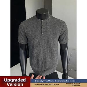 White Stripe Henry Collar Short Sleeve T-Shirt