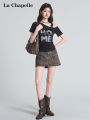 La Chapelle | Letter Print Off-Shoulder Slim Fit Short Tee. 