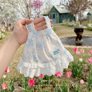 Blue Floral Print Cotton Lace Dog Dress Comfortable Spring Summer Pet Clothes Casual Style Dog Dress Floral Skirt for Cats And Dogs