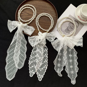 XUANXUAN | Womens Lace Pearl Sash Scarf Headband Versatile Necktie Waist Belt Silk Ribbon Fashionable Spring Summer Autumn Seasonal Accessory