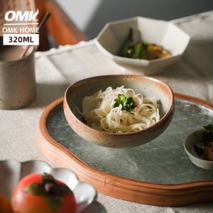 OMK ภาชนะดินเผาผิวหยาบสไตล์ญี่ปุ่นขอบโค้งชามสลัดชามใส่ผลไม้เซรามิคโบราณ