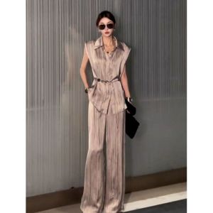 Elegant Commute Ready Womens Summer 2025 Two-Piece Set Sleeveless Wide Leg Pants Polyester Fiber Fashionable Ensemble