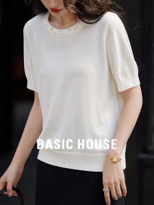 Basic House | White 100 Tencel Lightweight Short Sleeve Summer Round Neck Sweater