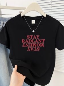 Summer New Simple Letter Print Short Sleeve T-Shirt Womens Korean Style College Style round Neck Slimming Top Cotton Blend Elastic Fiber