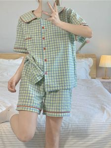 Pure Cotton Summer Sleepwear Womens Short Sleeve Home Clothes Set Sweet Plaid Print Youth Thin Fabric Breathable Nightgown