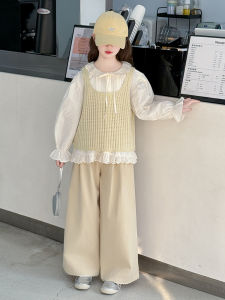 MPW | Girls Fashionable Lace Trim Vest Wide Leg Pants Three Piece Set Autumn Wear Trendy Korean Style Medium To Older Kids Clothing