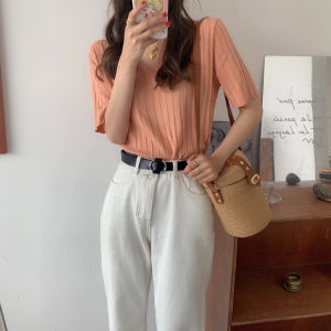 Ice Silk Short-sleeved T-shirt Women Summer Thin Vertical Pattern Simple Loose Knitted V-neck Top