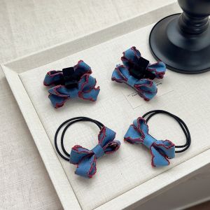 ริบบิ้นยางยืดสำหรับผู้หญิง ทรงโบว์ผีเสื้อสไตล์บัลเล่ต์ย้อนยุค สีเดนิม สีตัดกัน ทรงหางม้า ยางยืดทรงหัวเข็มขัดสำหรับผู้หญิง