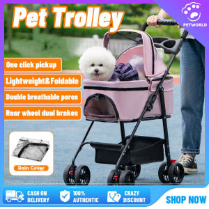【In Stock】Pet Dog Cat Stroller Detachable Carrier 2-In-1 Pets Puppy Water-resistant Cover Collapsible Lightweight With Dinner Plate and Storage Basket