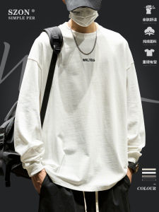 Long Sleeve Cotton T-Shirt Mens Spring Autumn New Style Embroidered Letter Printed Base Layer White Pure Cotton Top