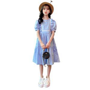 เสื้อผ้าเด็กสำหรับ4-14 Y ชุดเจ้าหญิงสีฟ้าชุดเดรสสไตล์วิทยาลัยชุดเดรสนักเรียนมัธยมต้นลำลอง