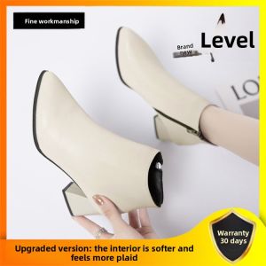Korean Style Fleece Lined Short Martin Boots Pointed Toe High Heel Large Size Boots Waterproof Platform PU Leather Fashion Boots