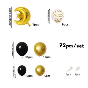 72-Piece Eid Balloon Arch Kit - Black and Gold Moon and Star Balloons Festive Ramadan Decorations Suitable for Muslim Party Backdrops